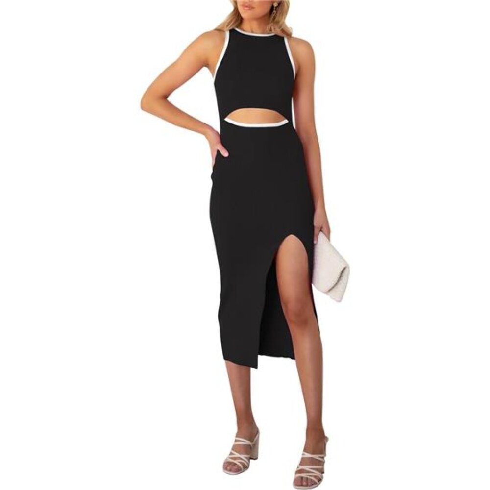 Women's Cutout Crew Neck Sleeveless Tank Slit Ribbed Bodycon Midi Dress